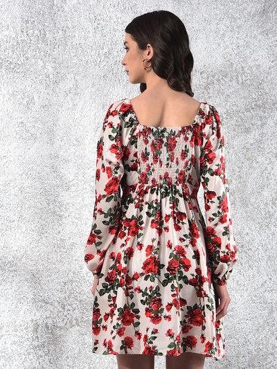 Red Floral Print Square Neck A-Line Dress-Women Dresses-Crimsoune Club