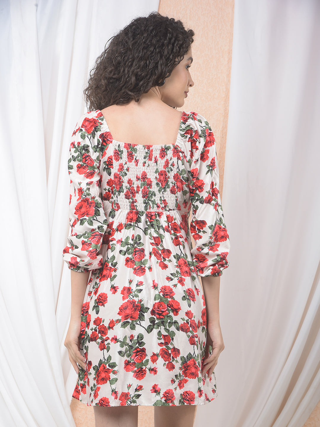Red Floral Print Square Neck A-Line Dress-Women Dresses-Crimsoune Club