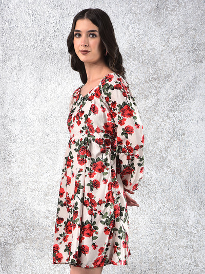 Red Floral Print Square Neck A-Line Dress-Women Dresses-Crimsoune Club