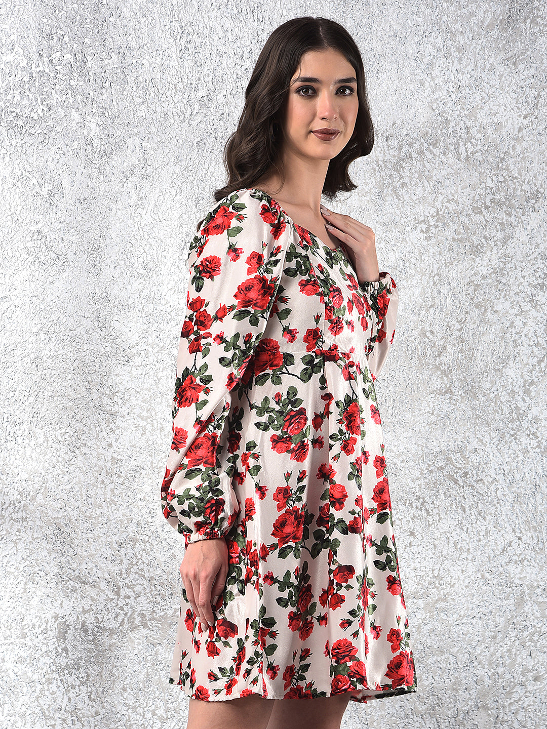 Red Floral Print Square Neck A-Line Dress-Women Dresses-Crimsoune Club