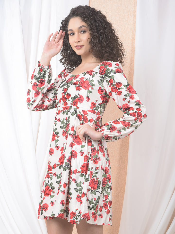 Red Floral Print Square Neck A-Line Dress-Women Dresses-Crimsoune Club
