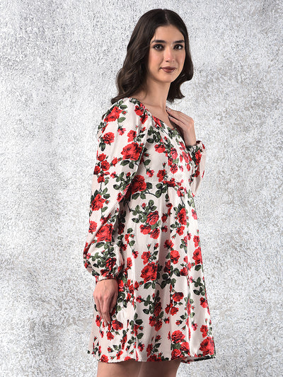 Red Floral Print Square Neck A-Line Dress-Women Dresses-Crimsoune Club