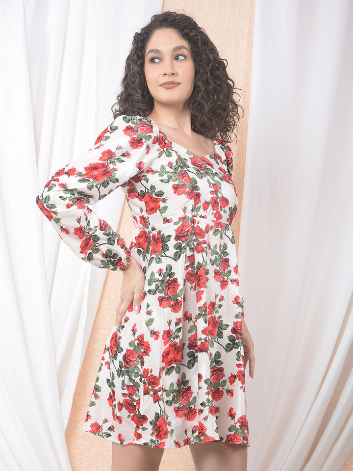 Red Floral Print Square Neck A-Line Dress-Women Dresses-Crimsoune Club