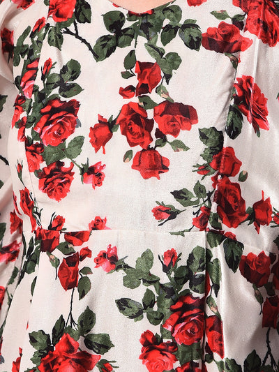 Red Floral Print Square Neck A-Line Dress-Women Dresses-Crimsoune Club