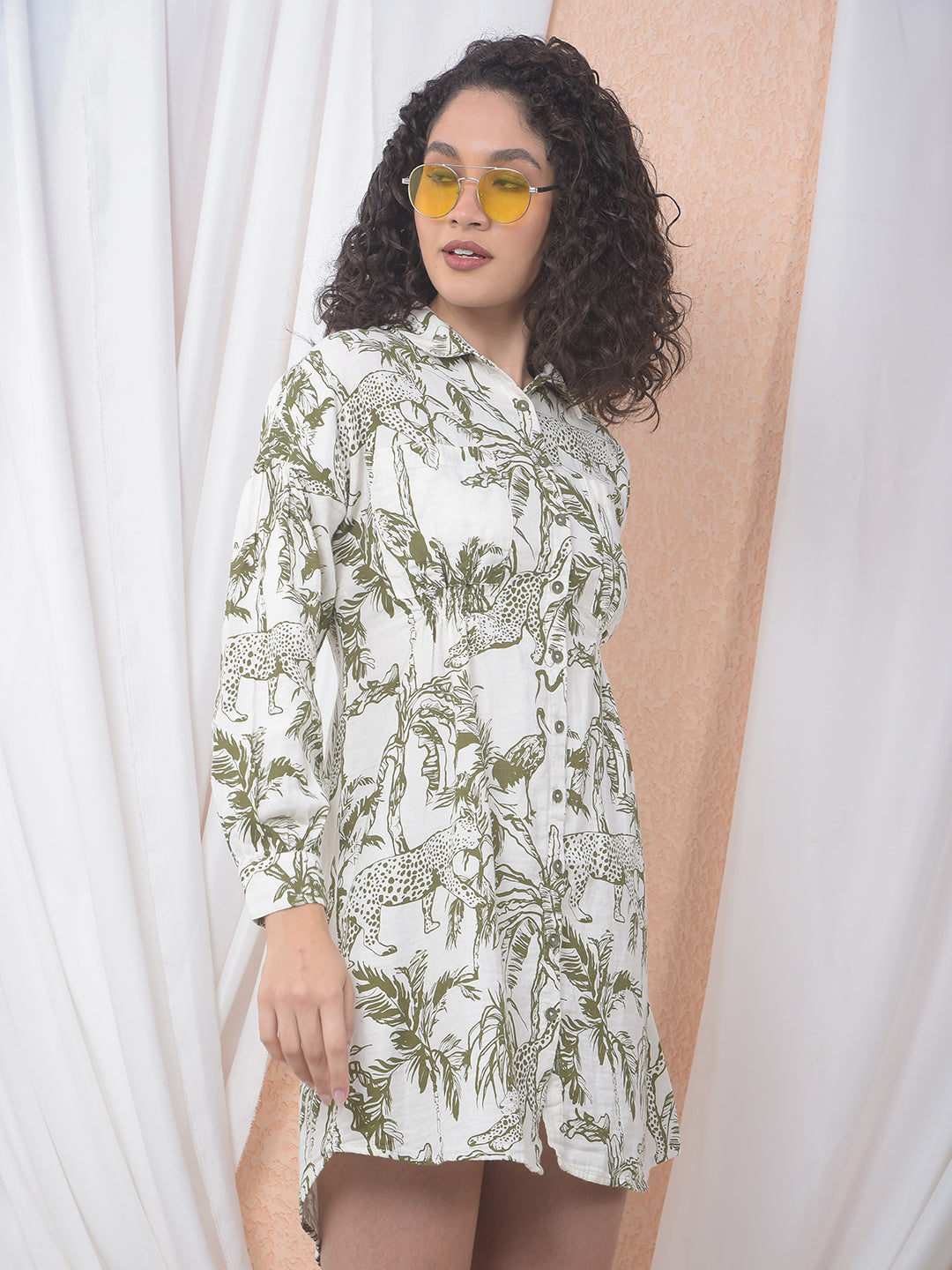 Olive Floral Print 100% Cotton Mini Shirt-Dress-Women Dresses-Crimsoune Club