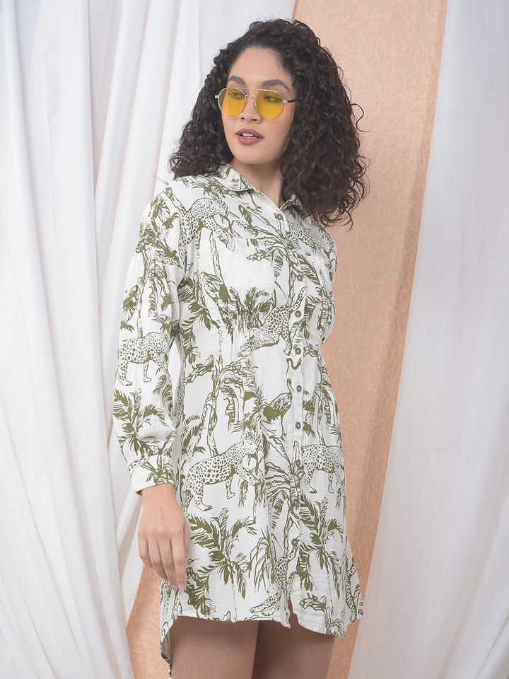 Olive Floral Print 100% Cotton Mini Shirt-Dress-Women Dresses-Crimsoune Club