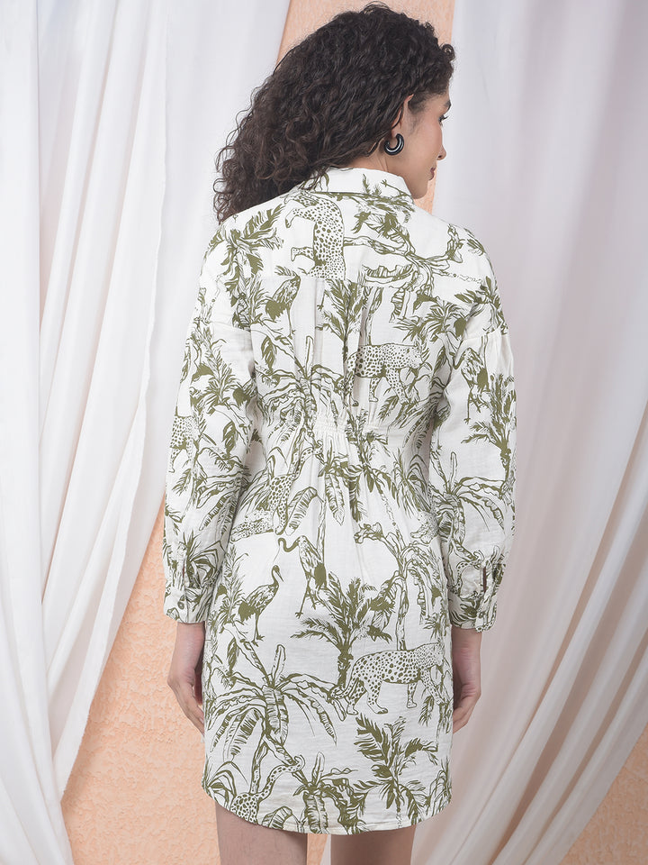 Olive Floral Print 100% Cotton Mini Shirt-Dress-Women Dresses-Crimsoune Club