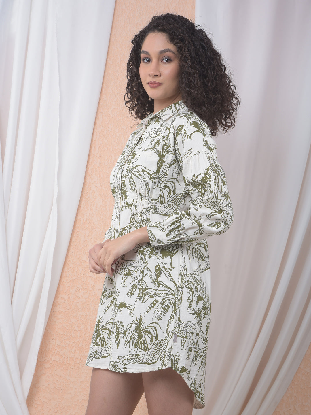 Olive Floral Print 100% Cotton Mini Shirt-Dress-Women Dresses-Crimsoune Club