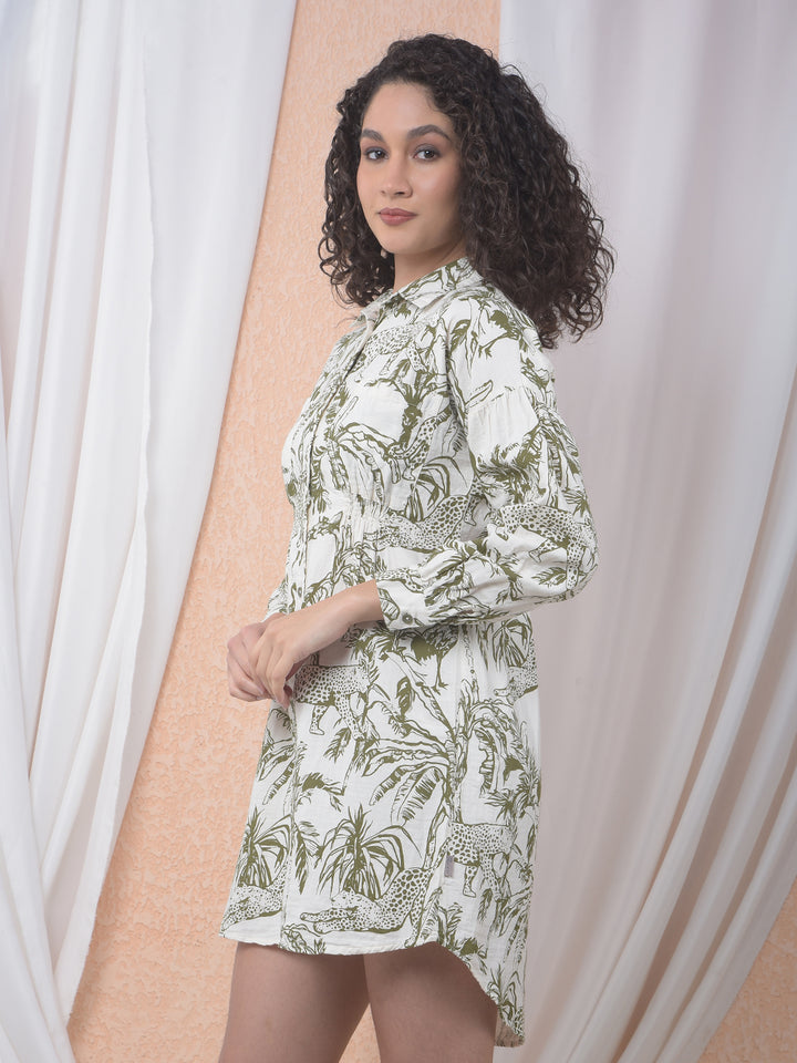 Olive Floral Print 100% Cotton Mini Shirt-Dress-Women Dresses-Crimsoune Club