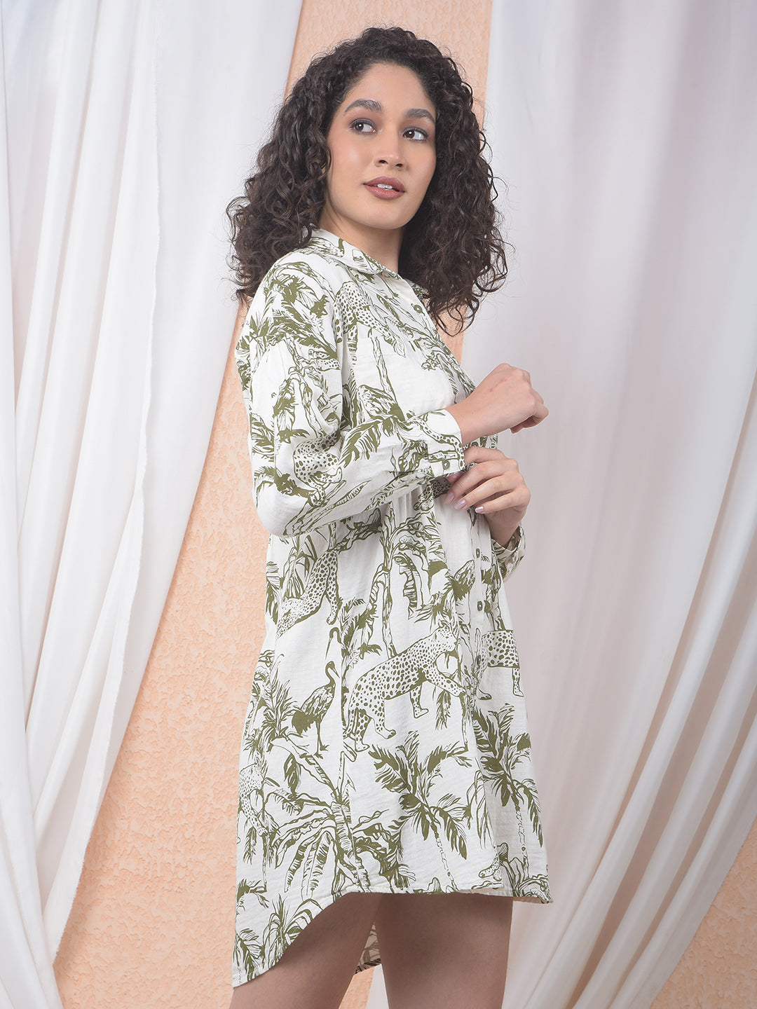Olive Floral Print 100% Cotton Mini Shirt-Dress-Women Dresses-Crimsoune Club