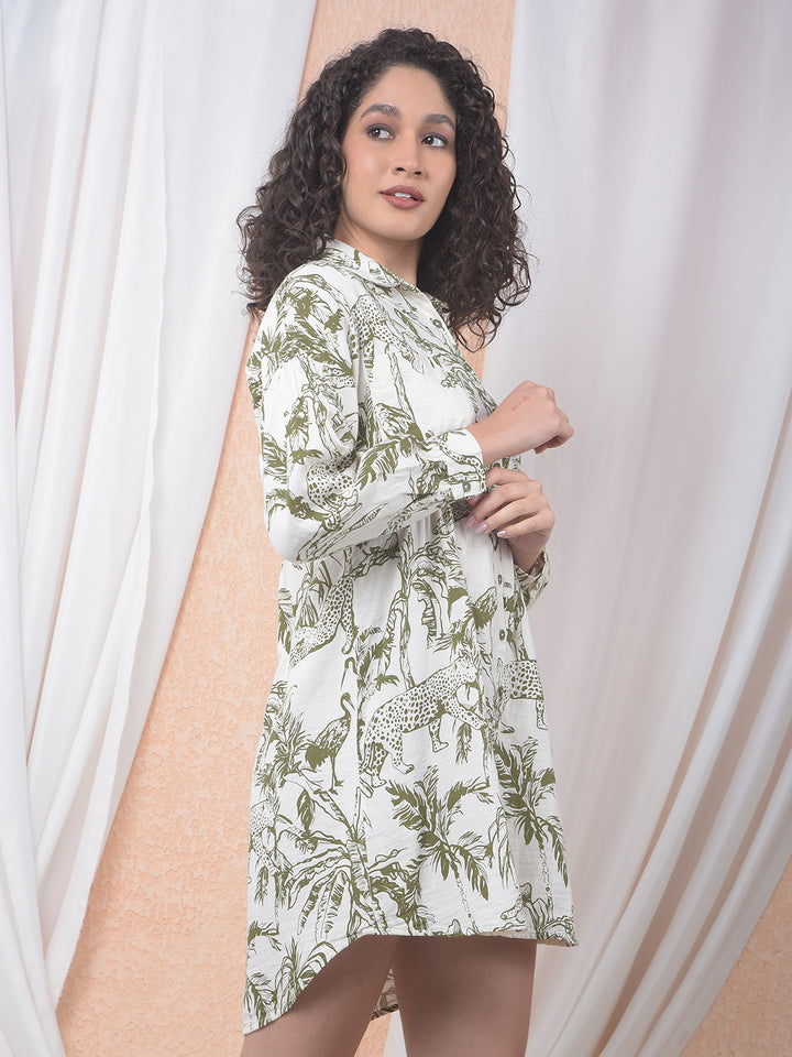 Olive Floral Print 100% Cotton Mini Shirt-Dress-Women Dresses-Crimsoune Club