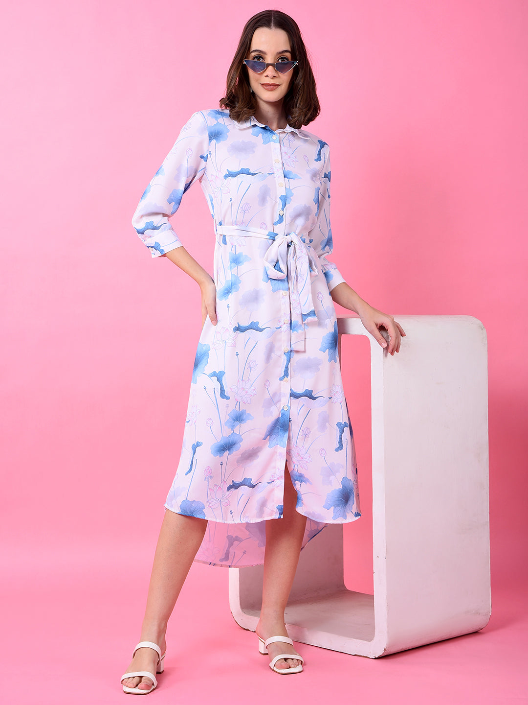 Blue Floral Print Shirt Dress with Belt-Women Dress-Crimsoune Club