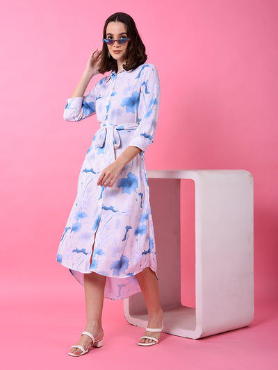 Blue Floral Print Shirt Dress with Belt-Women Dress-Crimsoune Club