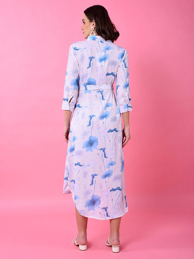 Blue Floral Print Shirt Dress with Belt-Women Dress-Crimsoune Club