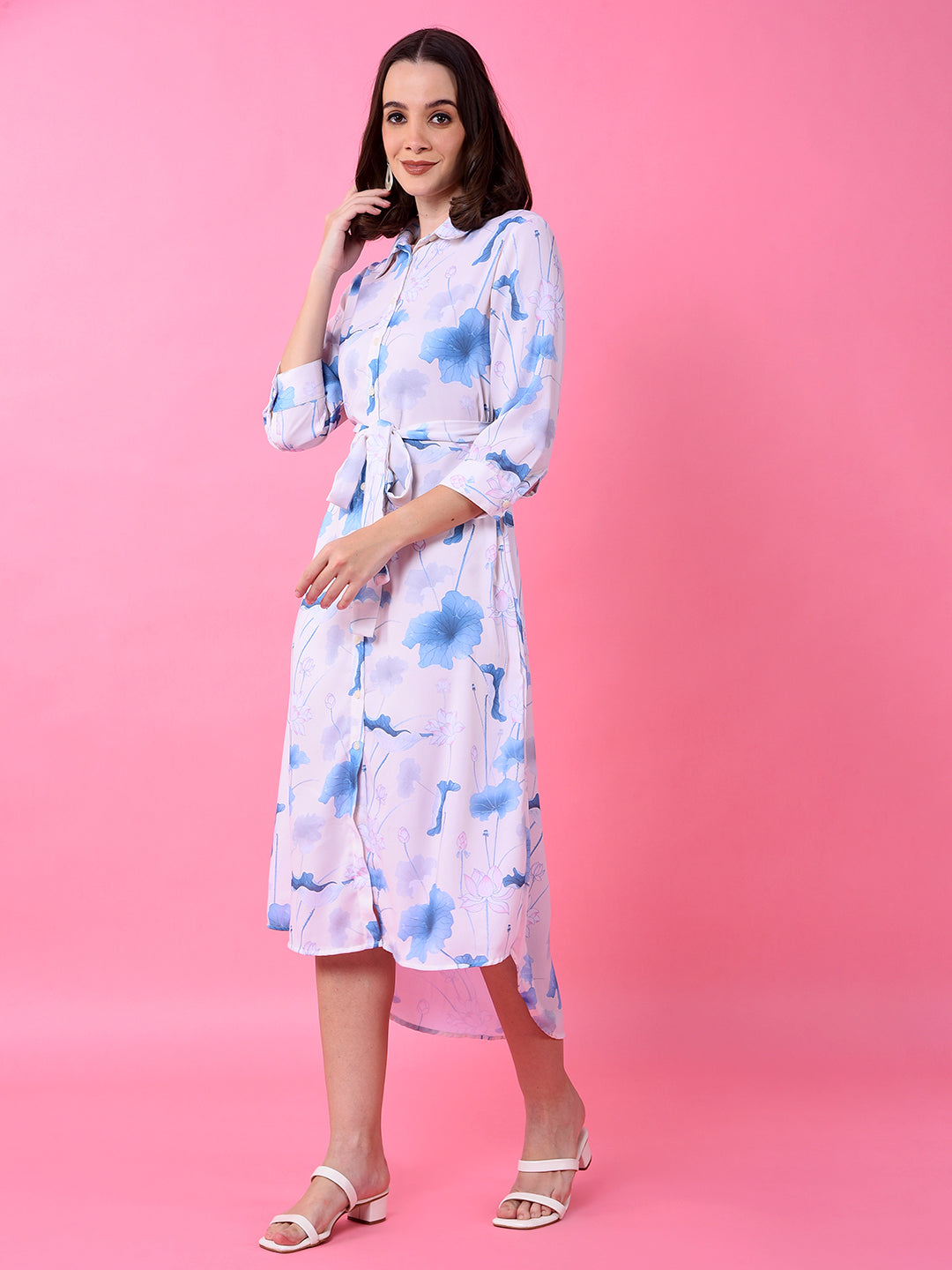 Blue Floral Print Shirt Dress with Belt-Women Dress-Crimsoune Club