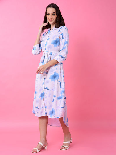 Blue Floral Print Shirt Dress with Belt-Women Dress-Crimsoune Club