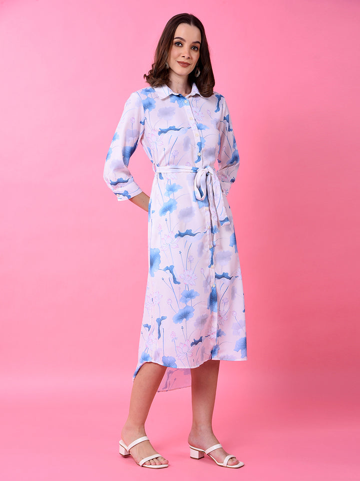 Blue Floral Print Shirt Dress with Belt-Women Dress-Crimsoune Club