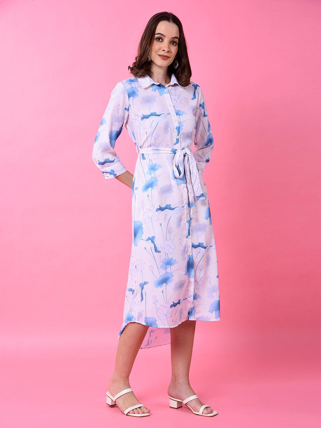 Blue Floral Print Shirt Dress with Belt-Women Dress-Crimsoune Club