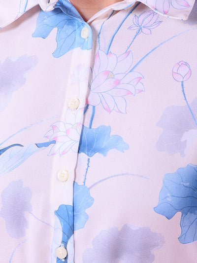 Blue Floral Print Shirt Dress with Belt-Women Dress-Crimsoune Club