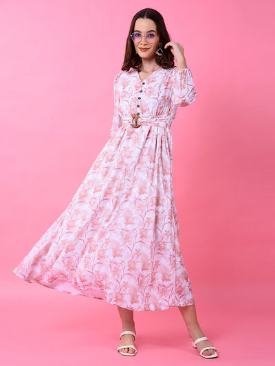 Peach Floral Print V-Neck A-Line Dress-Women Dress-Crimsoune Club