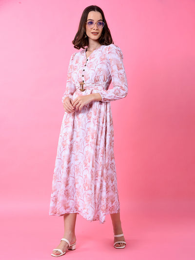 Peach Floral Print V-Neck A-Line Dress-Women Dress-Crimsoune Club