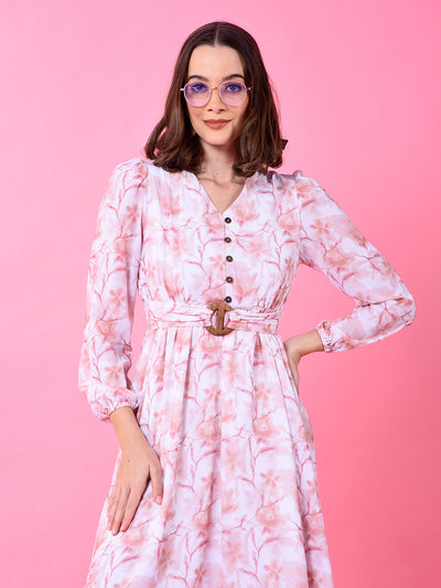 Peach Floral Print V-Neck A-Line Dress-Women Dress-Crimsoune Club