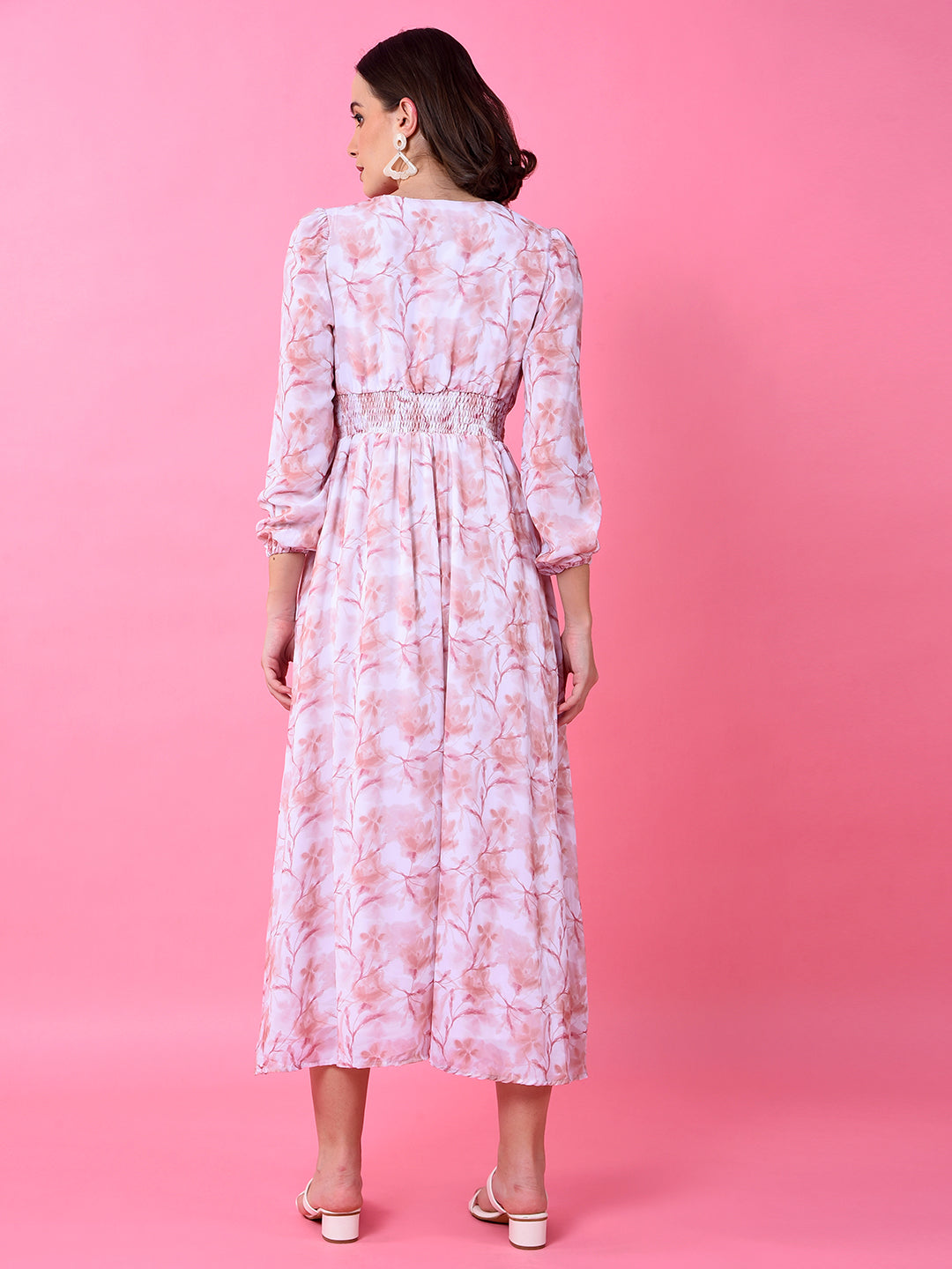 Peach Floral Print V-Neck A-Line Dress-Women Dress-Crimsoune Club