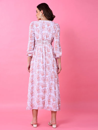 Peach Floral Print V-Neck A-Line Dress-Women Dress-Crimsoune Club