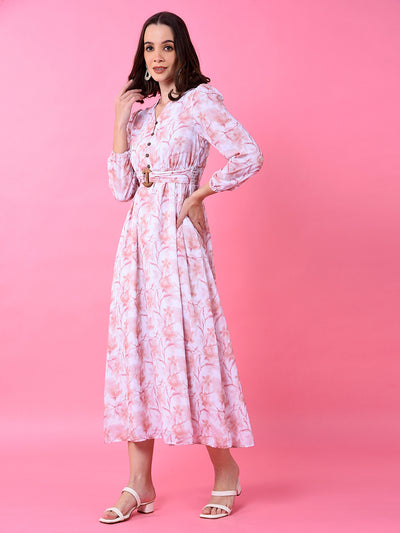 Peach Floral Print V-Neck A-Line Dress-Women Dress-Crimsoune Club
