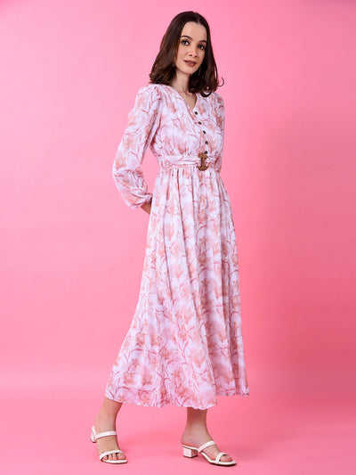 Peach Floral Print V-Neck A-Line Dress-Women Dress-Crimsoune Club