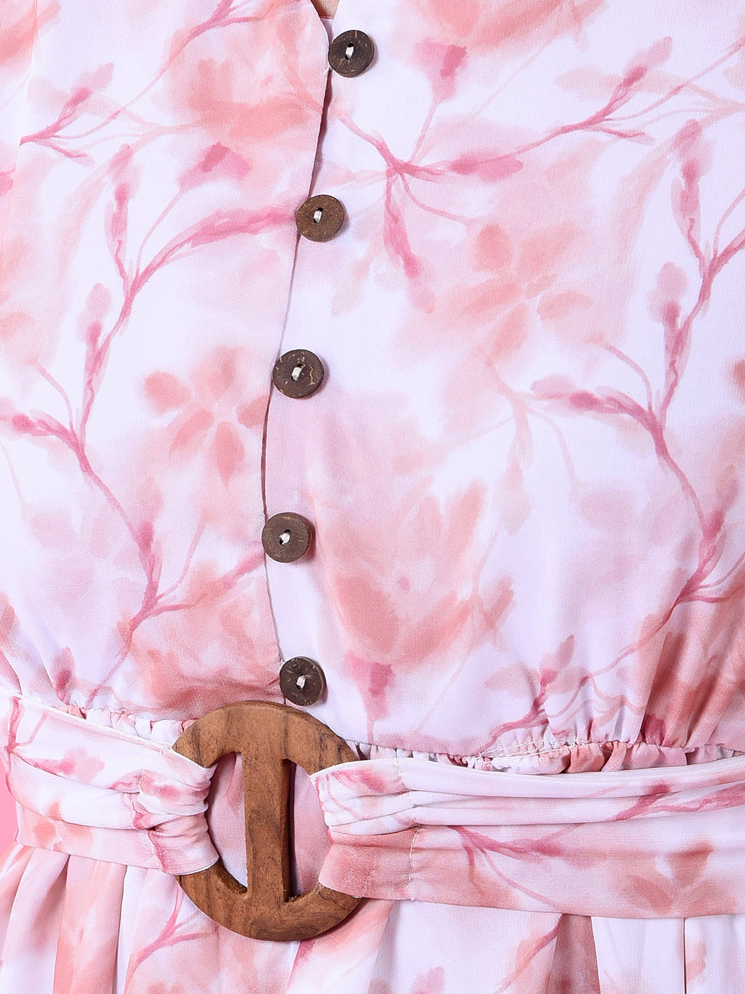 Peach Floral Print V-Neck A-Line Dress-Women Dress-Crimsoune Club