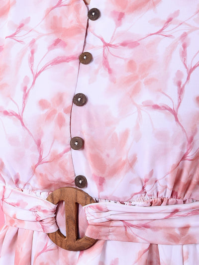 Peach Floral Print V-Neck A-Line Dress-Women Dress-Crimsoune Club
