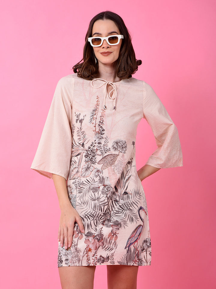 Beige Floral Print Linen Mini Shift-Dress-Women Dresses-Crimsoune Club