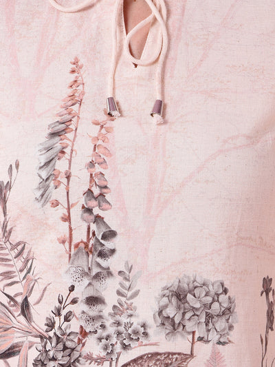 Beige Floral Print Linen Mini Shift-Dress-Women Dresses-Crimsoune Club