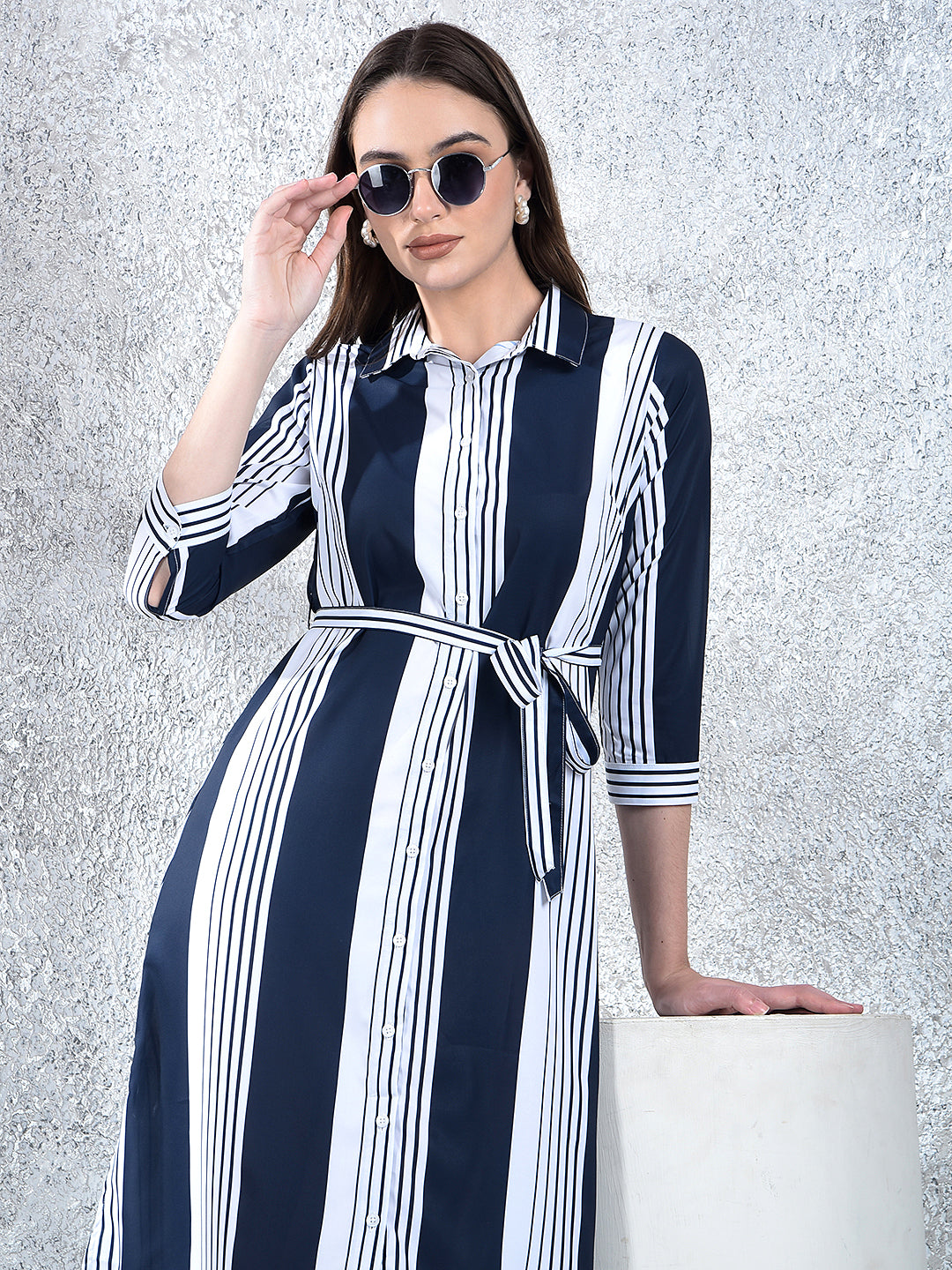 Navy Blue Vertical Stripes Shirt Dress With Belt-Women Dresses-Crimsoune Club