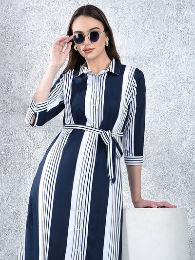Navy Blue Vertical Stripes Shirt Dress With Belt-Women Dresses-Crimsoune Club