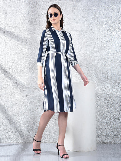 Navy Blue Vertical Stripes Shirt Dress With Belt-Women Dresses-Crimsoune Club