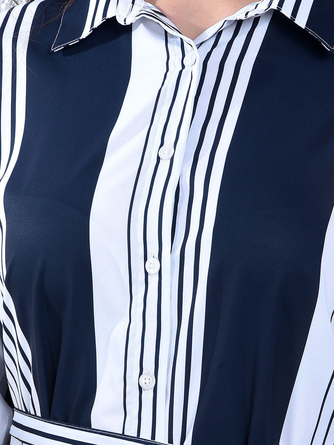 Navy Blue Vertical Stripes Shirt Dress With Belt-Women Dresses-Crimsoune Club