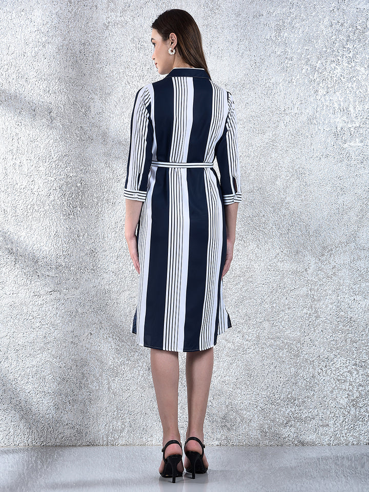 Navy Blue Vertical Stripes Shirt Dress With Belt-Women Dresses-Crimsoune Club