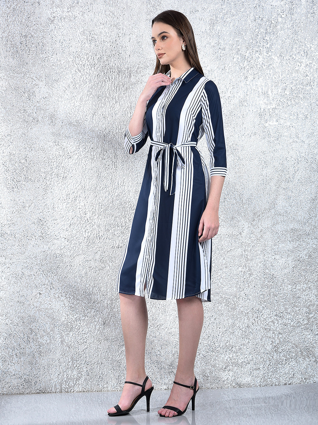 Navy Blue Vertical Stripes Shirt Dress With Belt-Women Dresses-Crimsoune Club