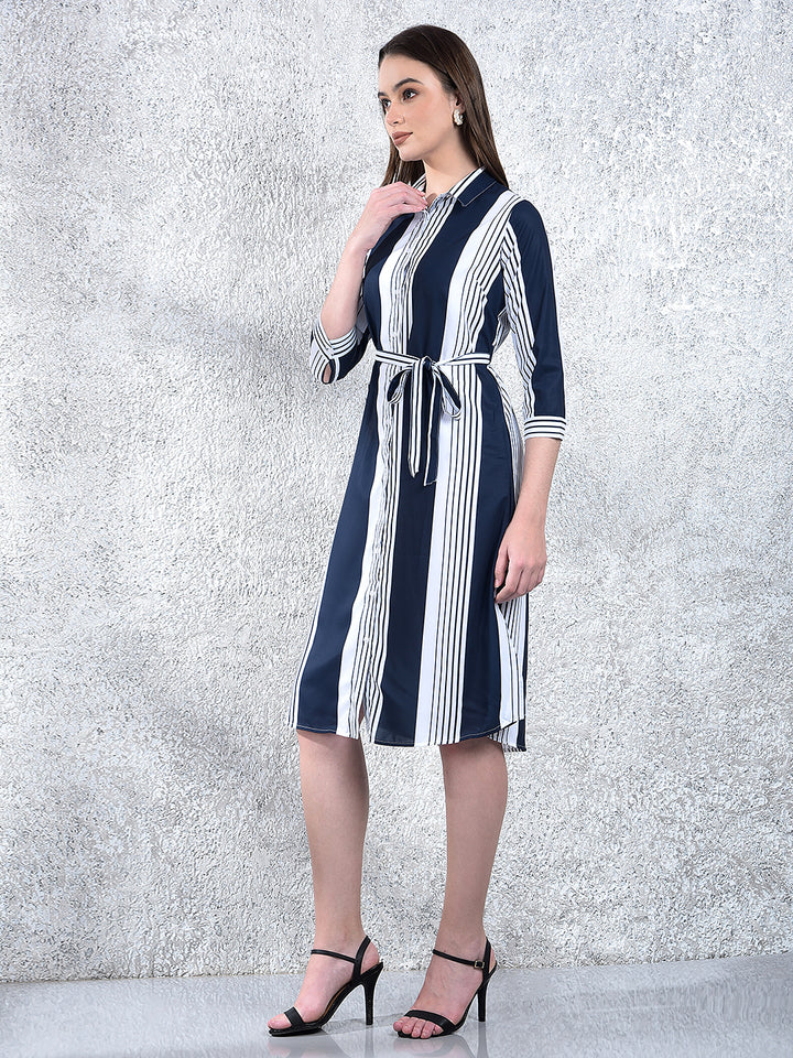 Navy Blue Vertical Stripes Shirt Dress With Belt-Women Dresses-Crimsoune Club