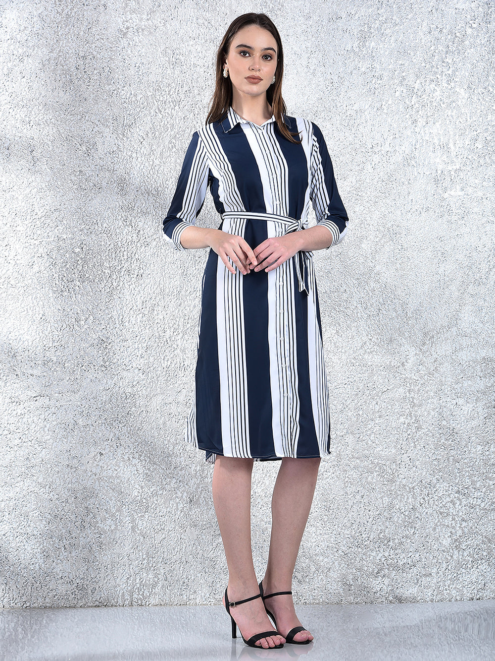 Navy Blue Vertical Stripes Shirt Dress With Belt-Women Dresses-Crimsoune Club
