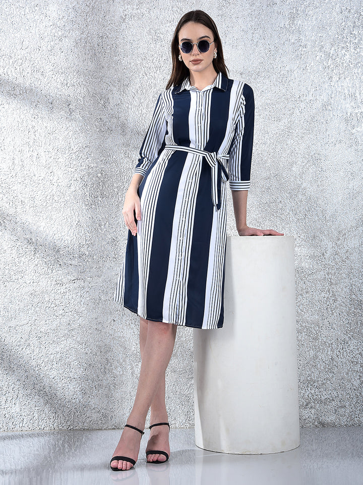 Navy Blue Vertical Stripes Shirt Dress With Belt-Women Dresses-Crimsoune Club