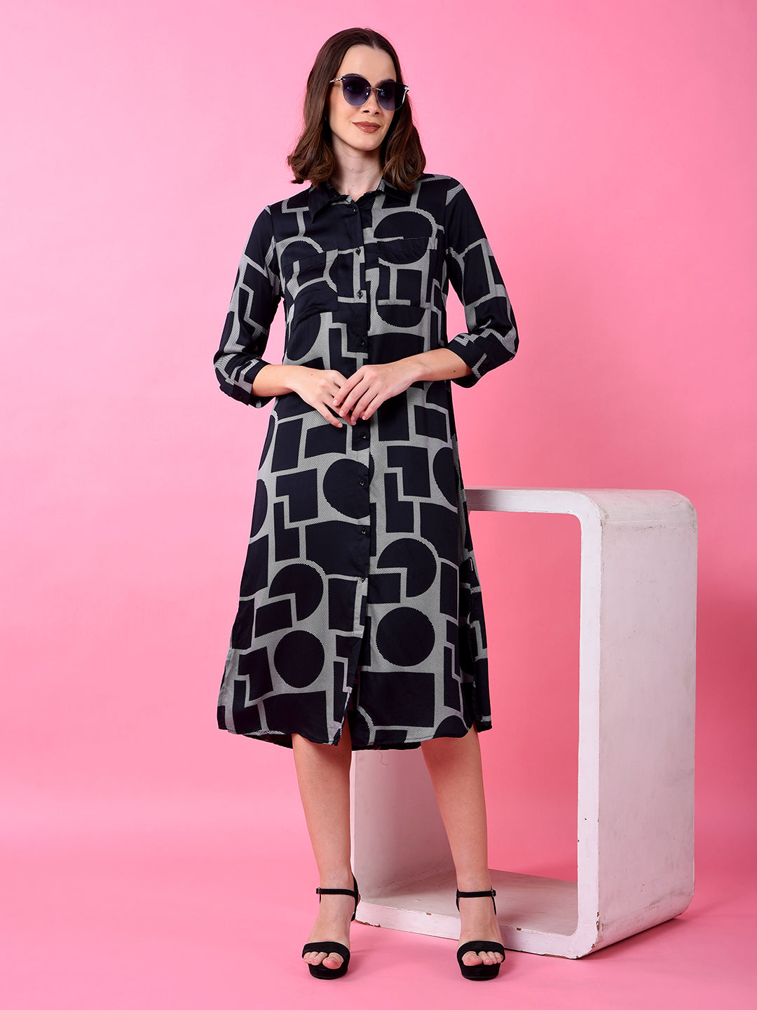 Black Printed 100% Modal Shirt Dress-Women Dress-Crimsoune Club