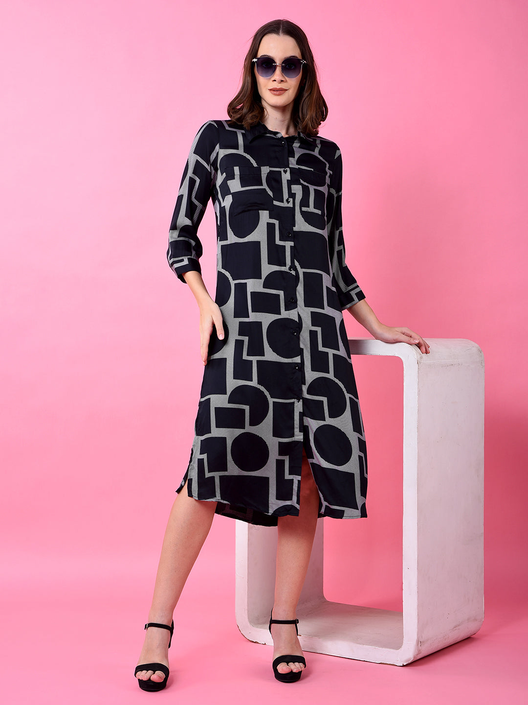Black Printed 100% Modal Shirt Dress-Women Dress-Crimsoune Club