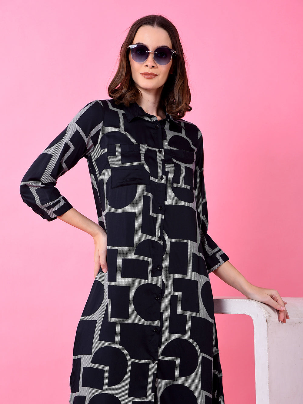 Black Printed 100% Modal Shirt Dress-Women Dress-Crimsoune Club