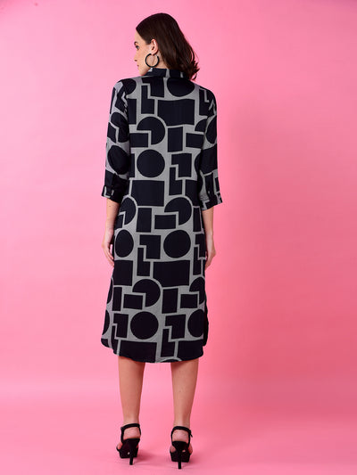 Black Printed 100% Modal Shirt Dress-Women Dress-Crimsoune Club