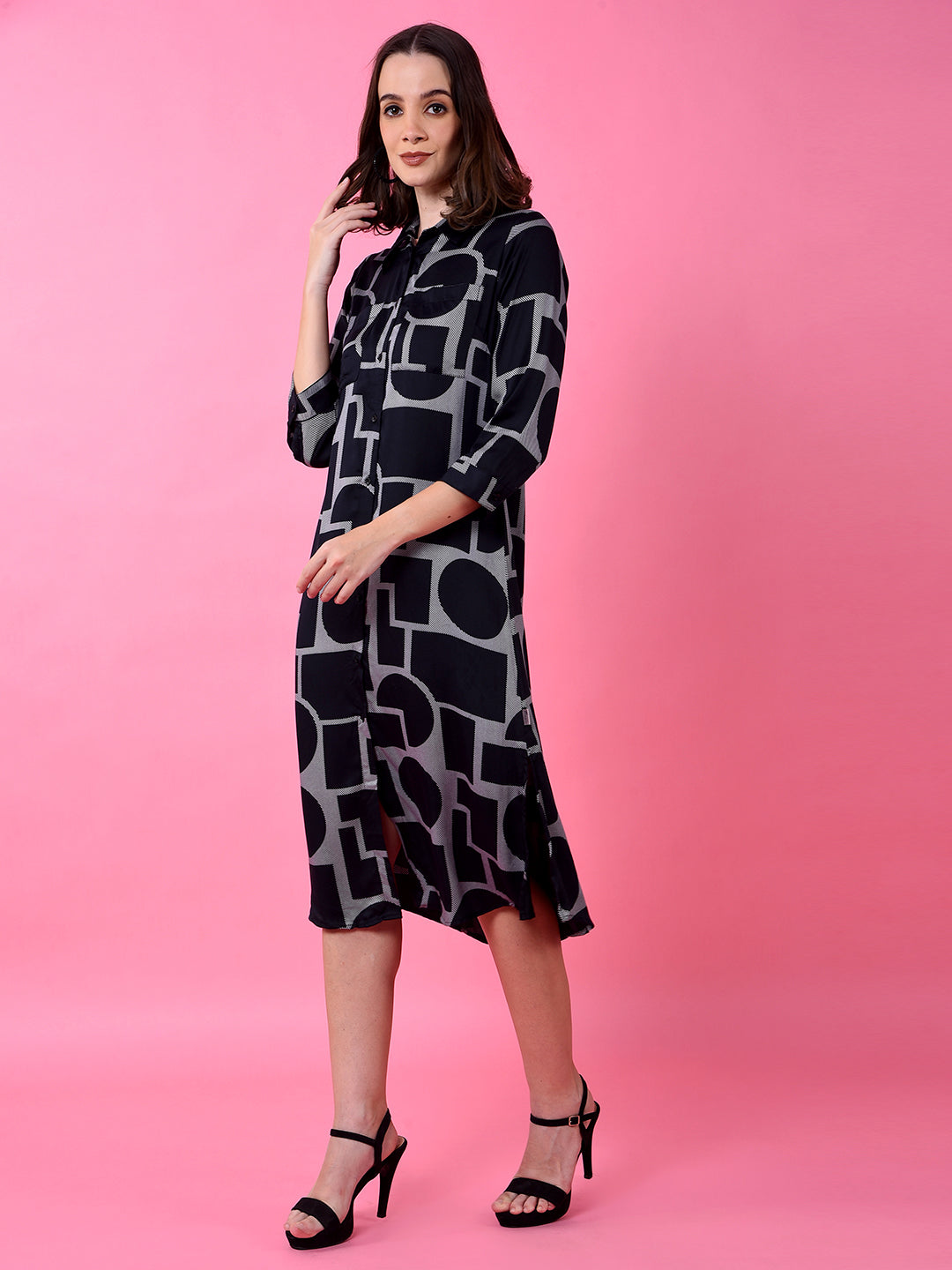Black Printed 100% Modal Shirt Dress-Women Dress-Crimsoune Club