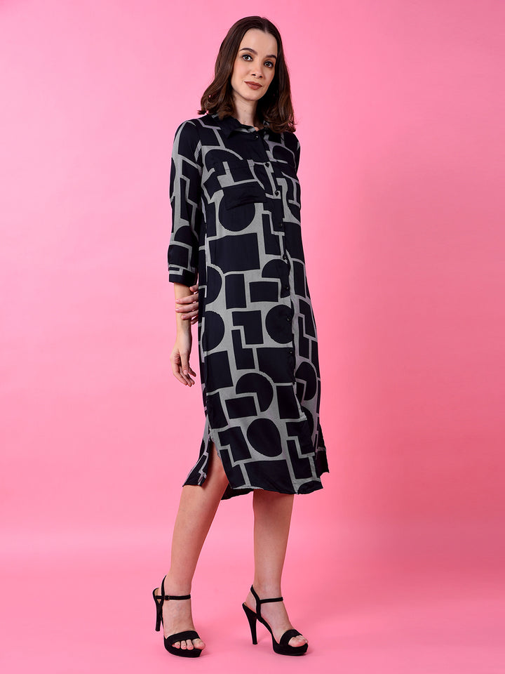 Black Printed 100% Modal Shirt Dress-Women Dress-Crimsoune Club