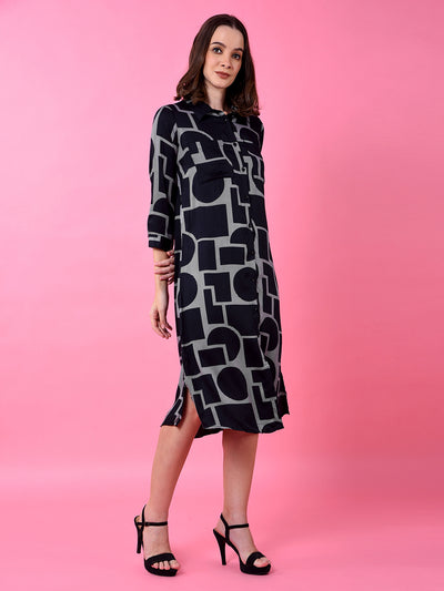 Black Printed 100% Modal Shirt Dress-Women Dress-Crimsoune Club